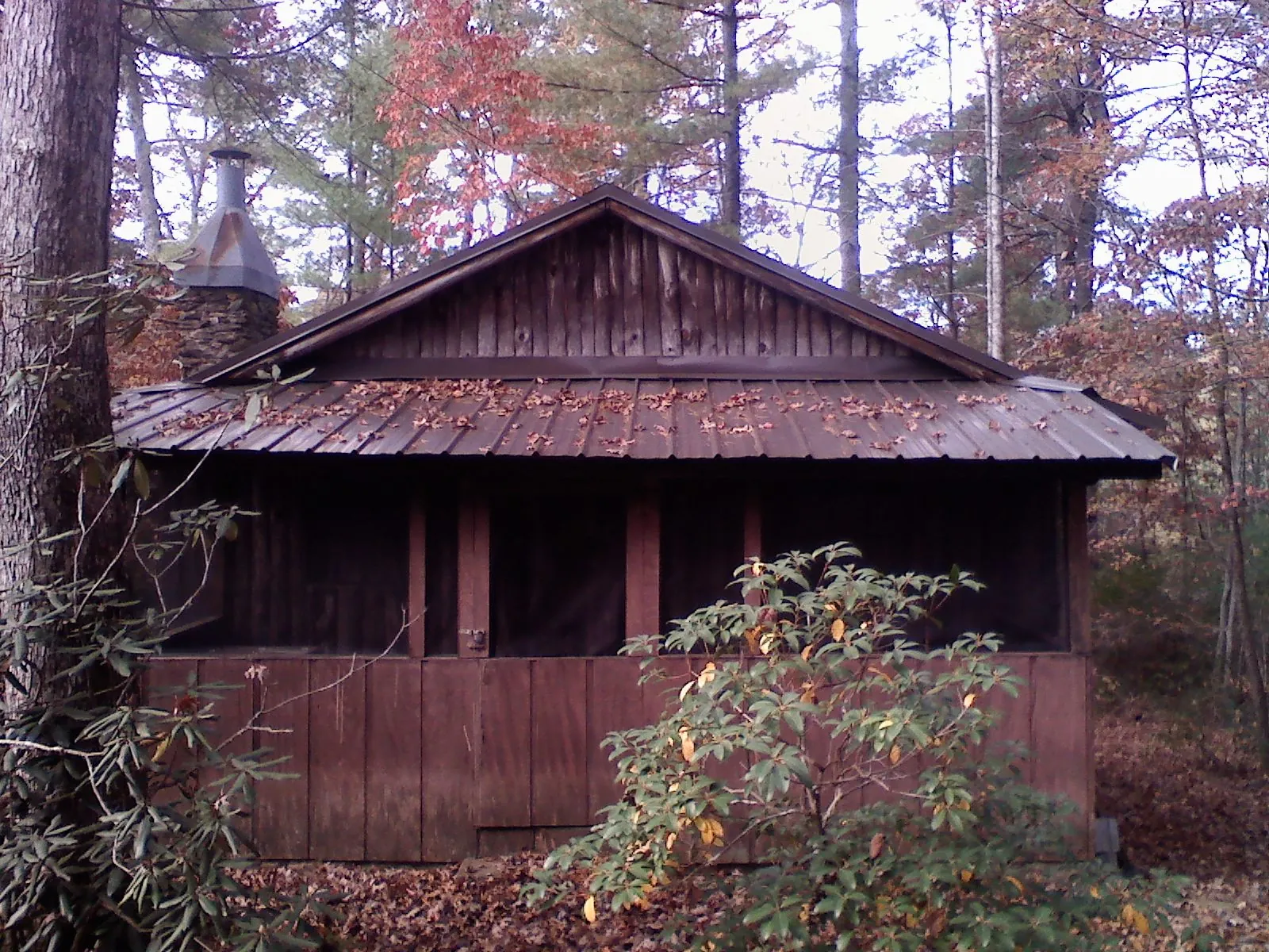 Metal roof over the screened porch of a rustic cabin in Flint Hill